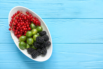 Bowl with fresh blackberry, gooseberry and currant on blue wooden background