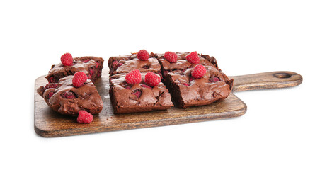 Wooden board with pieces of raspberry chocolate brownie on white background