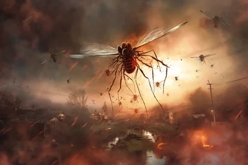 Fotobehang Giant battle mosquitos mutants attacks rural place or village somewhere in Russia or Ukraine. Labaratory created bio-weapon. Abstract fantasy AI illustration.  © Maxim Kukurund