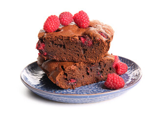 Plate with pieces of raspberry chocolate brownie on white background
