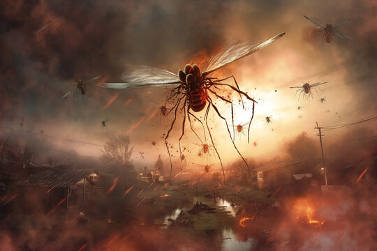 Giant battle mosquitos mutants attacks rural place or village somewhere in Russia or Ukraine. Labaratory created bio-weapon. Abstract fantasy AI illustration. 