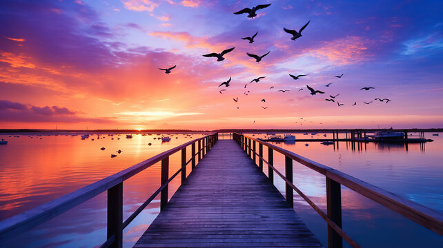 sunset behind a dock with birds flying over the water. Generative Ai