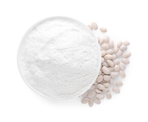 Bowl with flour and kidney beans isolated on white, top view