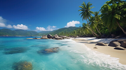 Fototapeta premium tropical scene with palm trees, beach and waves. Generative Ai