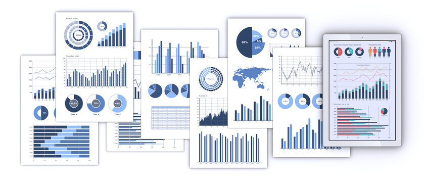 データを表示するタブレット端末とプリント資料、事業戦略の構築やデータ分析のイメージ