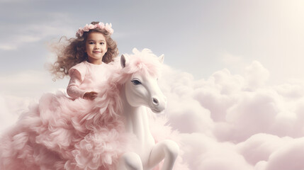 A princess girl on a unicorn in the clouds
