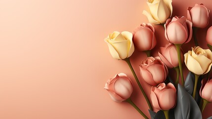 Bouquet of pink and yellow roses on a pink peach background. Social media banner concept. Space for text.
