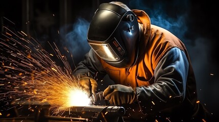 Welder in welding helmet working on metal with sparks in a dark room