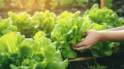 Woman's hands picking lettuce in a garden