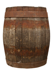 Fototapeta premium One wooden barrel with metal hoops isolated on white