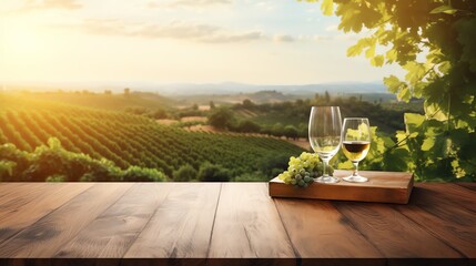 Glass of wine and grapes on wooden table. Vineyard scene in the background. Space for text.
