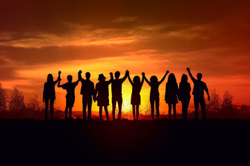 illustrated digital painting of Big group of people having fun in success victory and happy pose with raised arms on mountain top against sunset lakes and mountains. Generative AI.