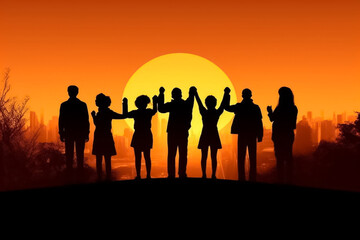 Fototapeta premium illustrated digital painting of Big group of people having fun in success victory and happy pose with raised arms on mountain top against sunset lakes and mountains. Generative AI.