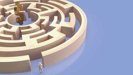The man and maze to gold dollar symbol 3d rendering