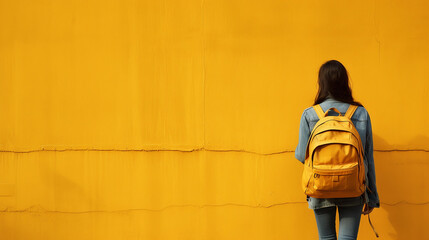 Vista traseira de um mulher com mochila contra a parede amarela - obrazy, fototapety, plakaty