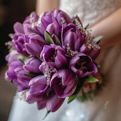 Purple tulip wedding bouquet flower background. AI Generated