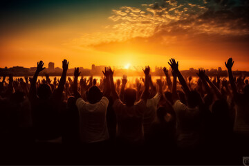 Fototapeta premium Big group of people having fun in success victory and happy pose with raised arms on mountain top against sunset lakes and mountains. Generative AI.
