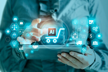 Marketing concept with artificial intelligence, new market research paradigms, business development system with ai. Modern digital technology to sell with AI. - obrazy, fototapety, plakaty