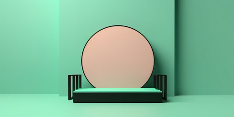 Round podium on green monochromatic background. Simple product pedestal, Generative AI.