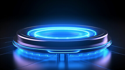Fototapeta na wymiar Uma plataforma em branco tecnologia futurista com iluminação redonda de néon brilhante azul. Ilustração 3D ficção científica