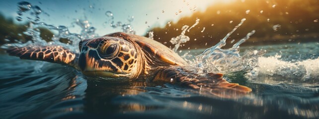 ultra wide extreme close up of a sea turtle diving into the water after coming up for air, made with generative ai