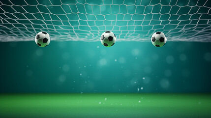Soccerball e um gol de futebol, futebol ou bolas de futebol em um fundo de cor verde, bolas de futebol voando - obrazy, fototapety, plakaty