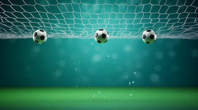 Soccerball e um gol de futebol, futebol ou bolas de futebol em um fundo de cor verde, bolas de futebol voando