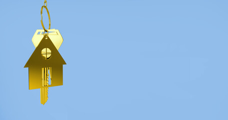 Image of golden house keys against copy space on blue background