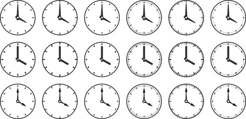 モノクロの時計アイコンのベクターイラストセット