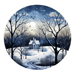 A painting of a house in a snowy landscape. Generative AI. Wintertime, stars and snowflakes.