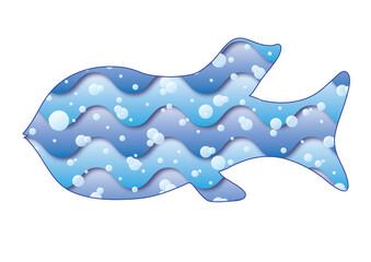 Blue fish with water pattern and bubbles.