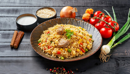 Uzbek pilaf and ingredients on black wooden background. Plov - rice prepared with vegetables and meat.