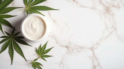 Fototapeta na wymiar Jar of cbd cream with cannabis marijuana leaves sitting on top of a marble white table. Space for text.