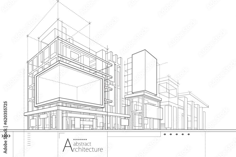 Aufkleber 3d illustration abstract modern urban building out-line black and white drawing of imagination archi