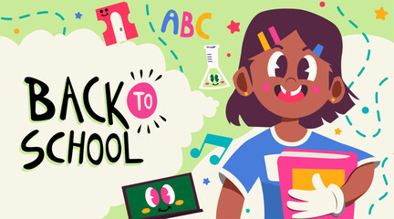 Back to School Happy Girl Book Green Background 