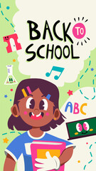 Back to School Happy Girl Book Green Background