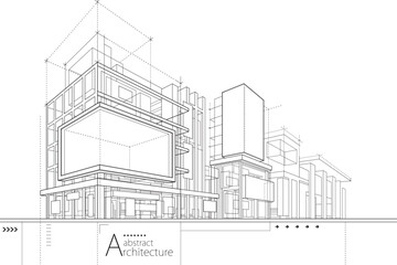 3D illustration abstract modern urban building out-line black and white drawing of imagination architecture building construction perspective design. 