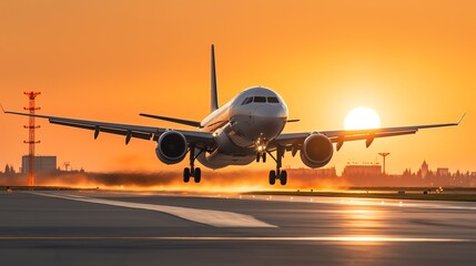 Airplane taking off from an airport runway. Large jetliner landing at sunset. - obrazy, fototapety, plakaty