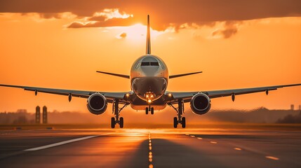 Airplane taking off from an airport runway. Large jetliner landing at sunset. - obrazy, fototapety, plakaty