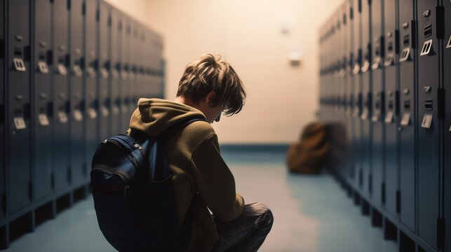 Upset boy, teenager, sitting at school after being bullied by classmates. School bullying.