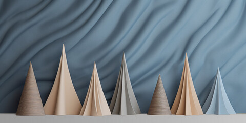 A row of paper trees against a blue wall. Generative AI. Simple Christmas trees.