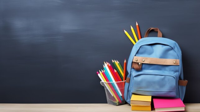 Backpack, colored pencils, notebooks with chalkboard background. Back to school banner. Space for text.