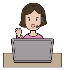パソコン入力をしながら電話応対をする若い女性　コールセンター 怒り顔 私服 グー げんこつ