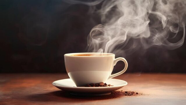 4K video coffee in the cup and steam smoke floated above the coffee cup. Relaxation, leisure, morning hot coffee concept. Side view.