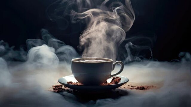 4K video coffee in the cup and steam smoke floated above the coffee cup. Relaxation, leisure, morning hot coffee concept. Side view.