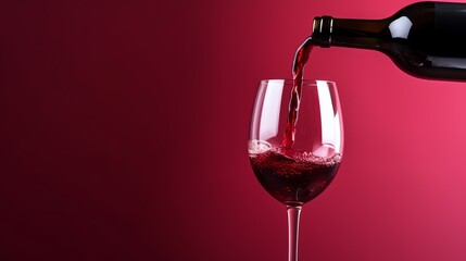Pouring red wine from bottle against a red background, space for text