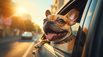 Happy dog riding in a car with head out of the window, french bulldog, frenchie - Powered by Adobe