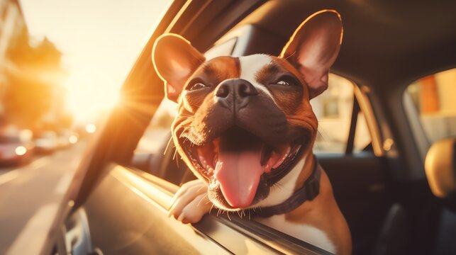 Happy dog riding in a car with head out of the window, french bulldog, frenchie
