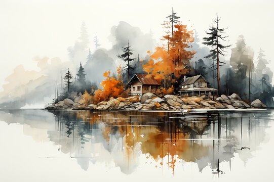 A painting of a house on a small island. Generative AI. Rustic wooden cabin on a lake.