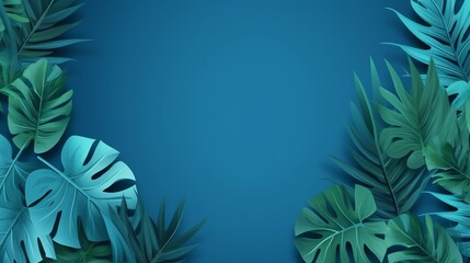 A blue background with tropical leaves. Space for text.